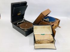 VINTAGE "DULCETTO" GRAMOPHONE IN A FITTED WOODEN CASE + ONE OTHER VINTAGE EXAMPLE + VARIOUS