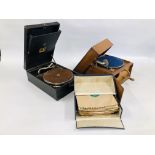 VINTAGE "DULCETTO" GRAMOPHONE IN A FITTED WOODEN CASE + ONE OTHER VINTAGE EXAMPLE + VARIOUS