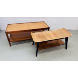 TWO MID CENTURY COFFEE TABLES WITH TEAK FRAMES AND EXTENDING ACTION.