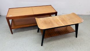 TWO MID CENTURY COFFEE TABLES WITH TEAK FRAMES AND EXTENDING ACTION.