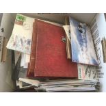 BOX OF MIXED STAMPS IN ALBUMS AND LOOSE, FIRST DAY COVERS ETC.