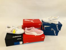 THREE PAIRS OF BOXED NEW PUMA SOFT FOAM TRAINERS + PAIR OF ADIDAS TRAINERS AND TWO PAIRS OF REEBOK