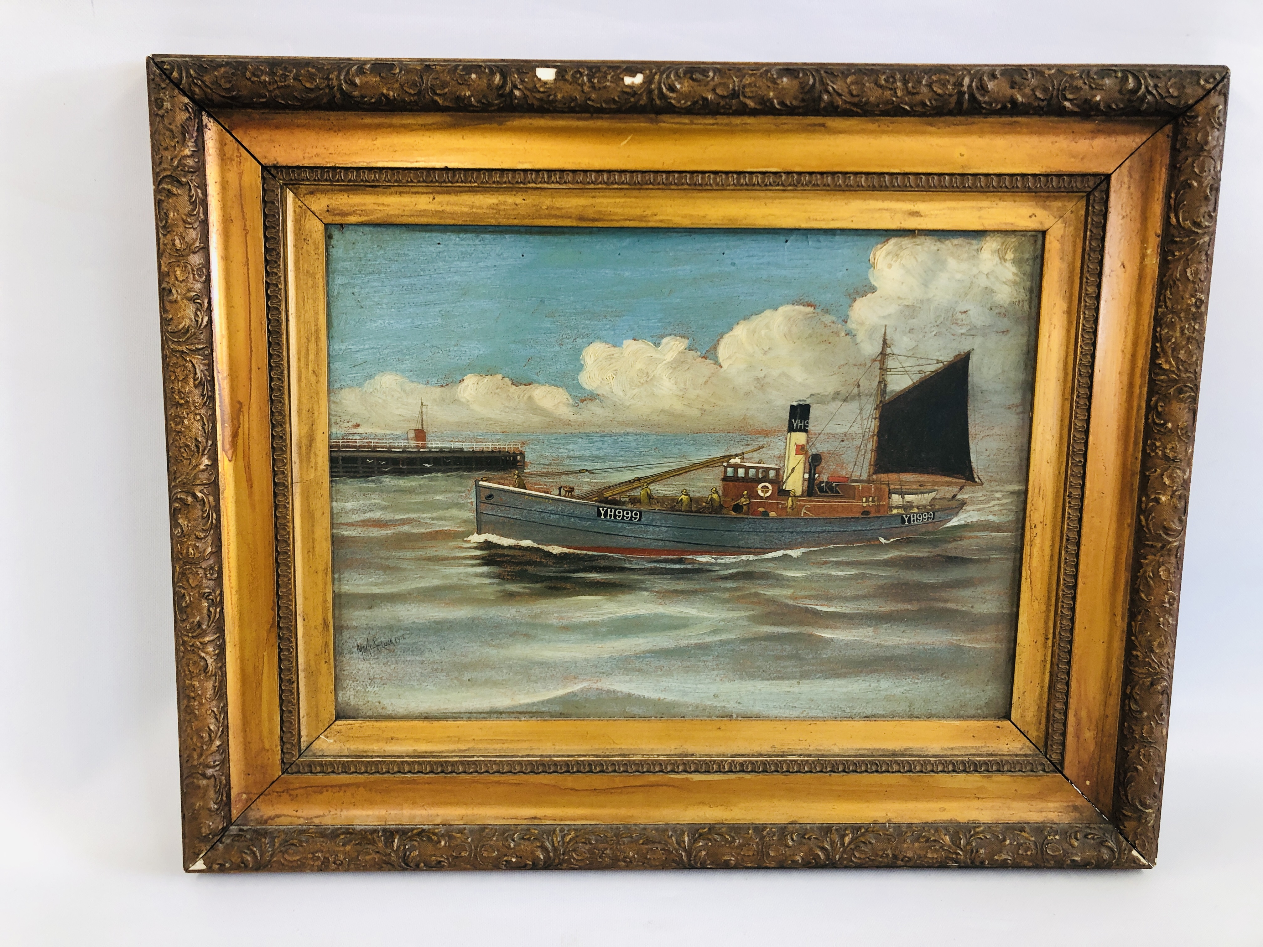 OIL ON BOARD YARMOUTH FISHING TRAWLER "PROVIDER" RETURNING TO HARBOUR BEARING SIGNATURE MOWLE &