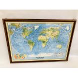 A FRAMED DOUBLE SIDED "NATIONAL GEOGRAPHIC MAP" W 107CM X H 74CM.