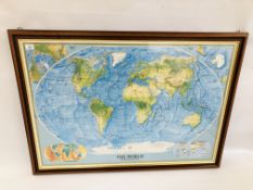 A FRAMED DOUBLE SIDED "NATIONAL GEOGRAPHIC MAP" W 107CM X H 74CM.