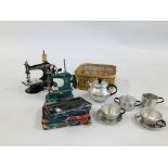 TWO VINTAGE TOY SEWING MACHINES ALONG WITH VINTAGE TOY CUTLERY AND TEAWARE.
