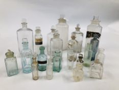 A COLLECTION OF ASSORTED VINTAGE GLASS CHEMIST BOTTLES & JARS.