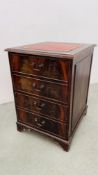 A REPRODUCTION TWO DRAWER HOME FILING CABINET WITH TOOLED LEATHERETTE INSET TO TOP, W 54CM, D 62CM,