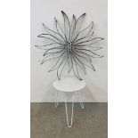 A WHITE FINISH CIRCULAR OCCASIONAL TABLE AND LARGE FIGURE METAL CRAFT WALL ART DISPLAY.