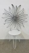 A WHITE FINISH CIRCULAR OCCASIONAL TABLE AND LARGE FIGURE METAL CRAFT WALL ART DISPLAY.