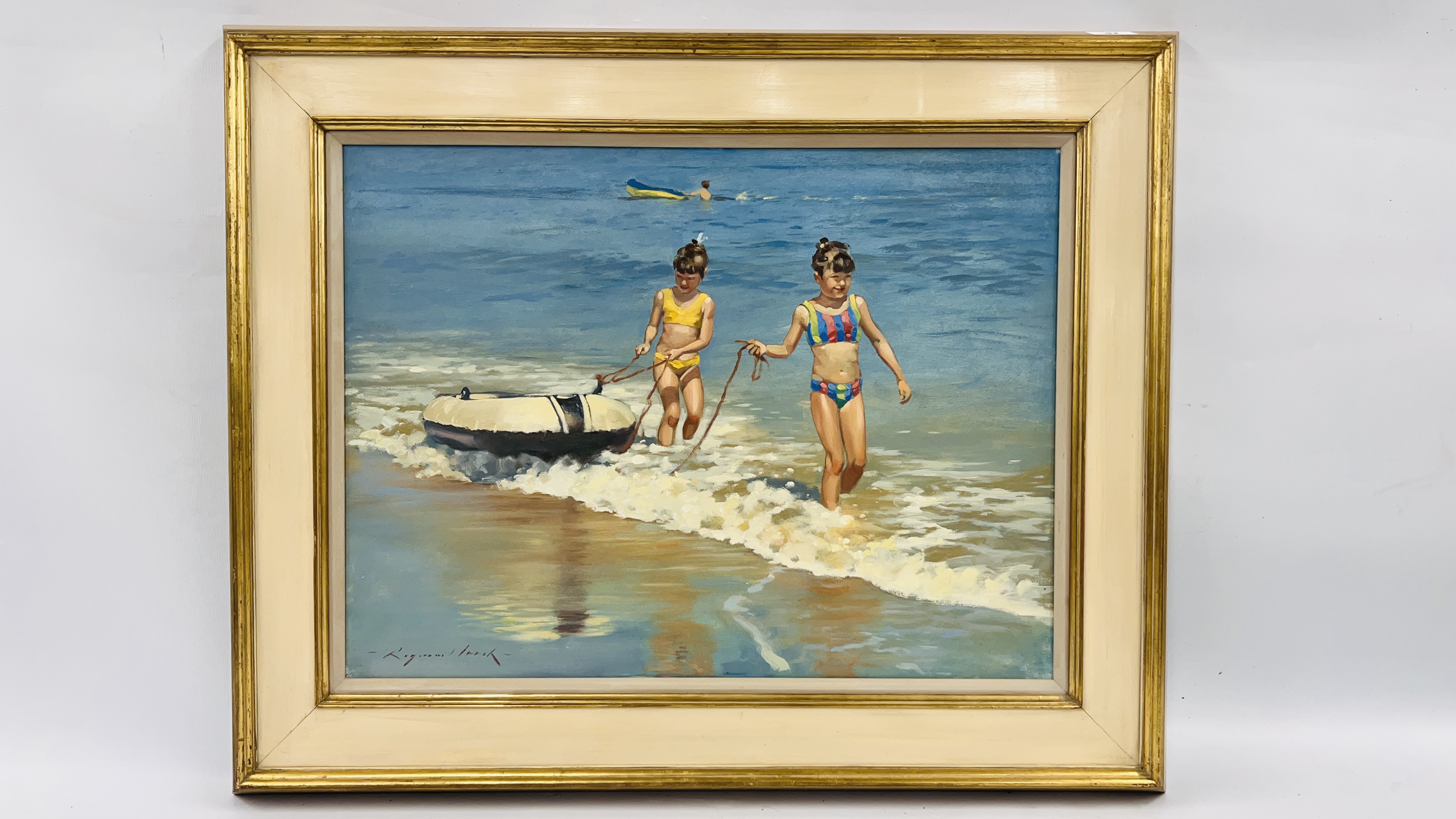 OIL ON BOARD "CHILDREN WITH INFLATABLE BOAT" BEARING SIGNATURE RAYMOND LEECH 45 X 60CM.