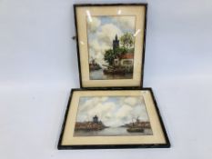 TWO FRAMED WATERCOLOURS DEPICTING "DUTCH CANAL SCENES WITH WINDMILLS" BEARING SIGNATURE J VAN