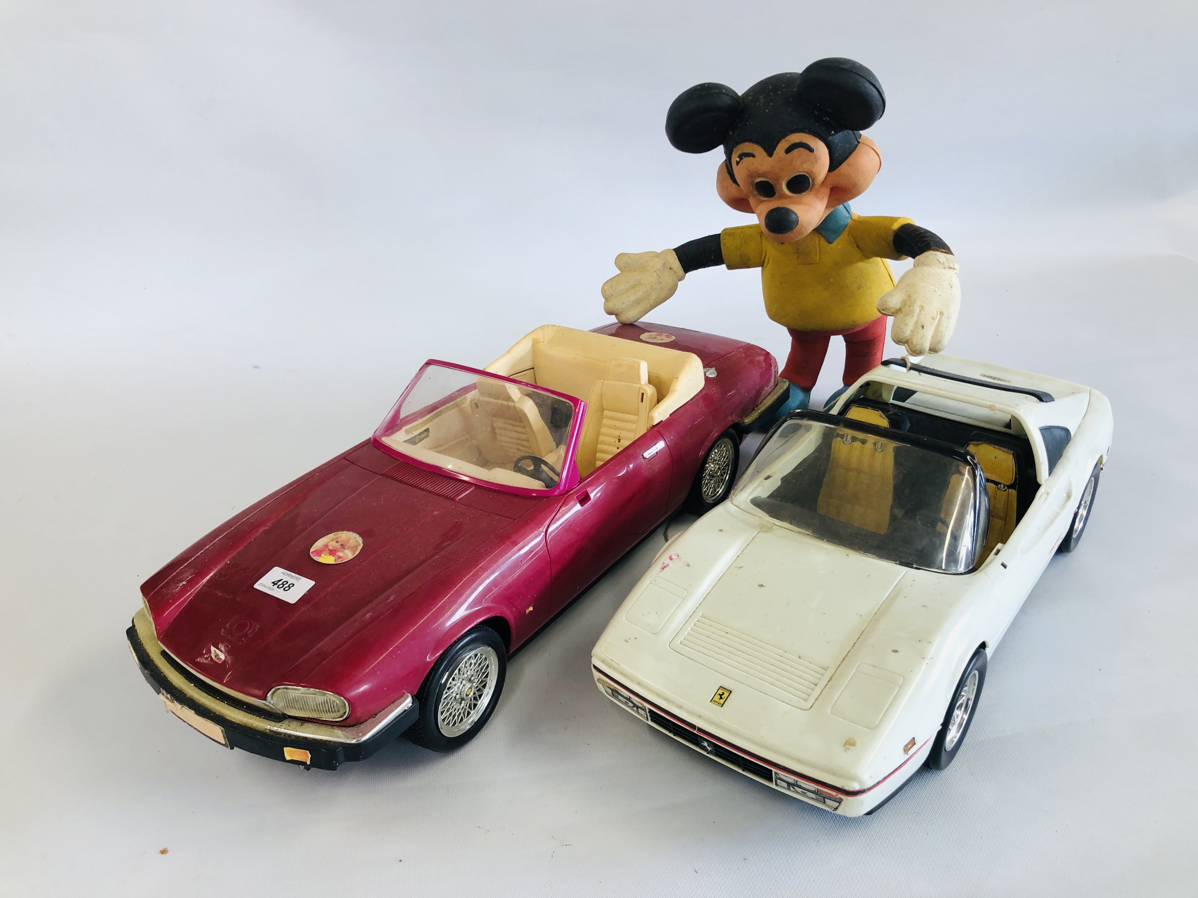VINTAGE BENDY MICKEY MOUSE ALONG WITH TWO MATTEL MODEL CARS BARBIE XJS & KEN FERRARI.
