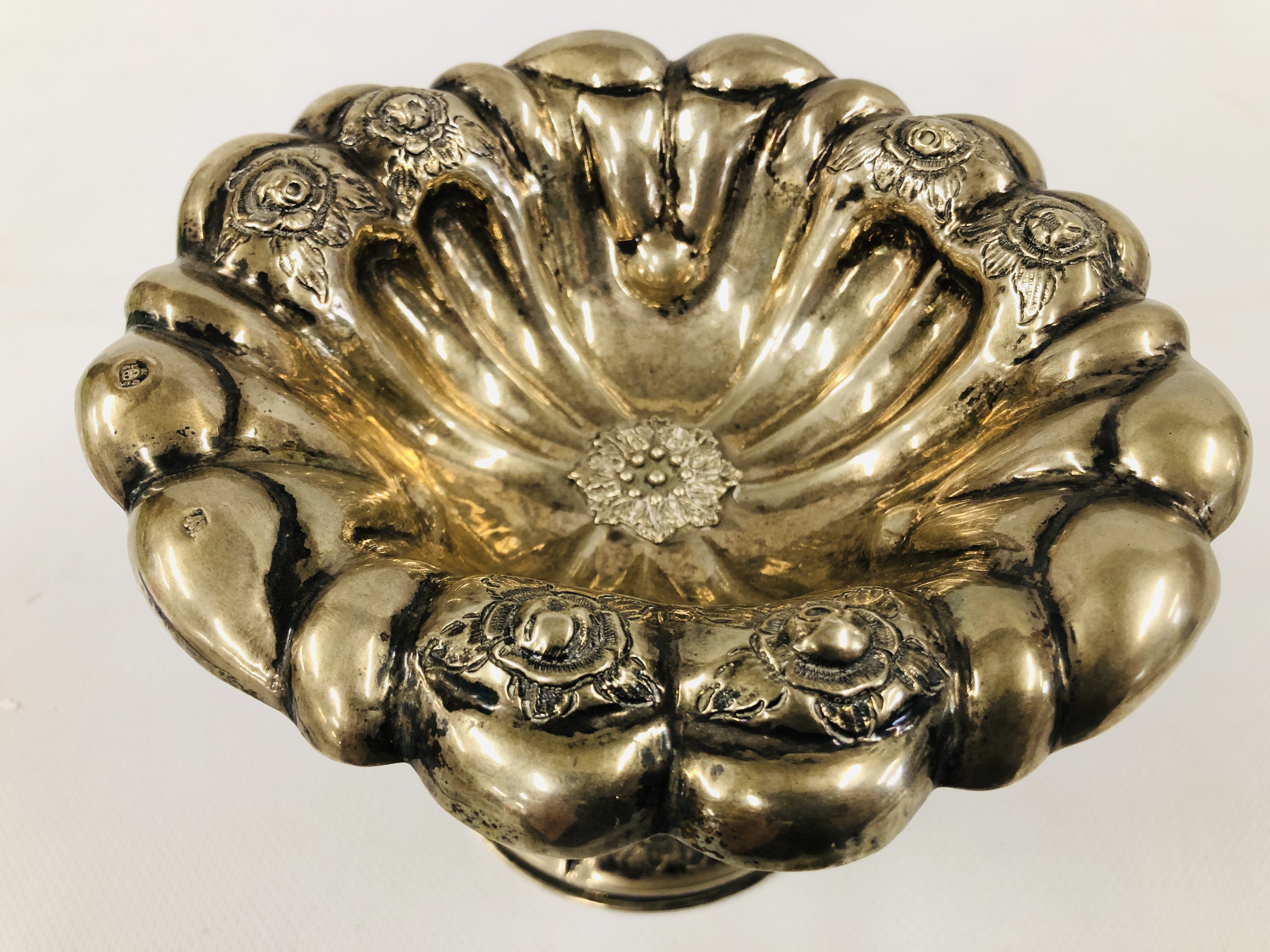 A CONTINENTAL WHITE METAL PEDESTAL SWEETMEAT DISH OF GADROONED FORM, - Image 7 of 13