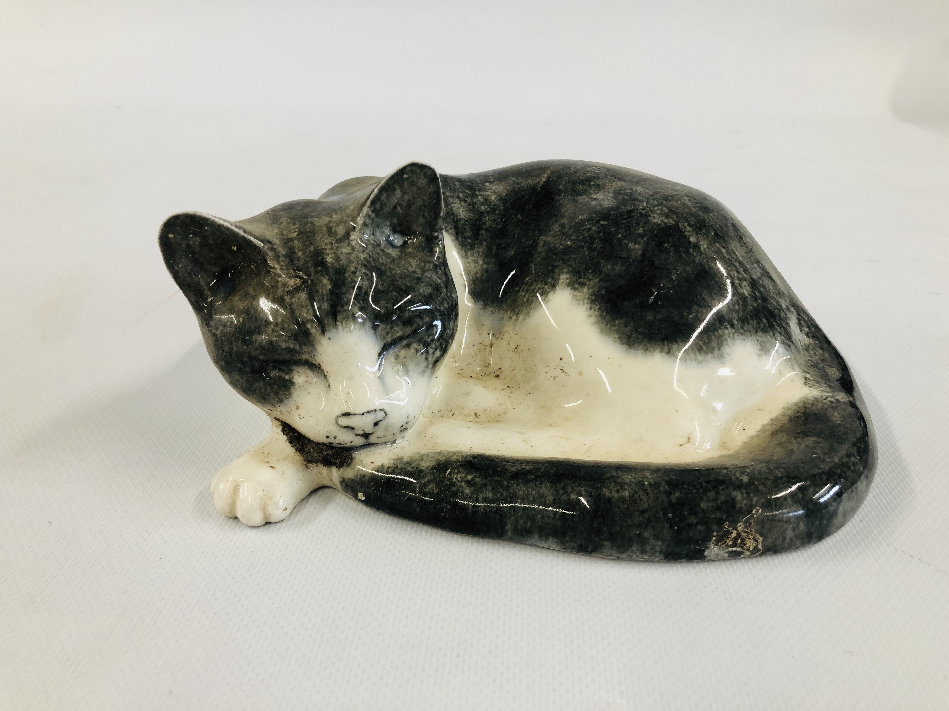 A STUDIO POTTERY SLEEPING CAT BEARING SIGNATURE MIKE HINTON