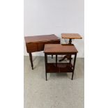 3 PIECES OF OCCASIONAL FURNITURE TO INCLUDE A MAHOGANY SINGLE DRAWER DROP SIDE TABLE SINGLE
