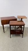 3 PIECES OF OCCASIONAL FURNITURE TO INCLUDE A MAHOGANY SINGLE DRAWER DROP SIDE TABLE SINGLE