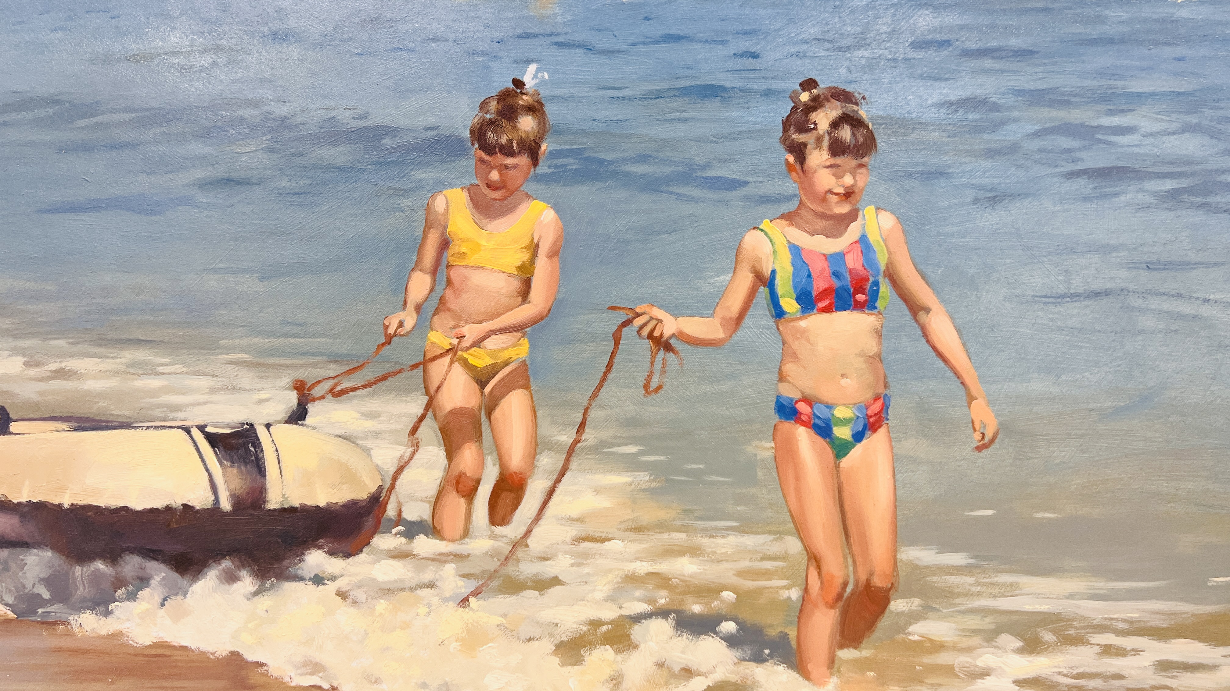 OIL ON BOARD "CHILDREN WITH INFLATABLE BOAT" BEARING SIGNATURE RAYMOND LEECH 45 X 60CM. - Image 3 of 6