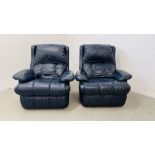 A NAVY BLUE LEATHER 2 SEATER SOFA AND 2 MATCHING RECLINING ARMCHAIRS.