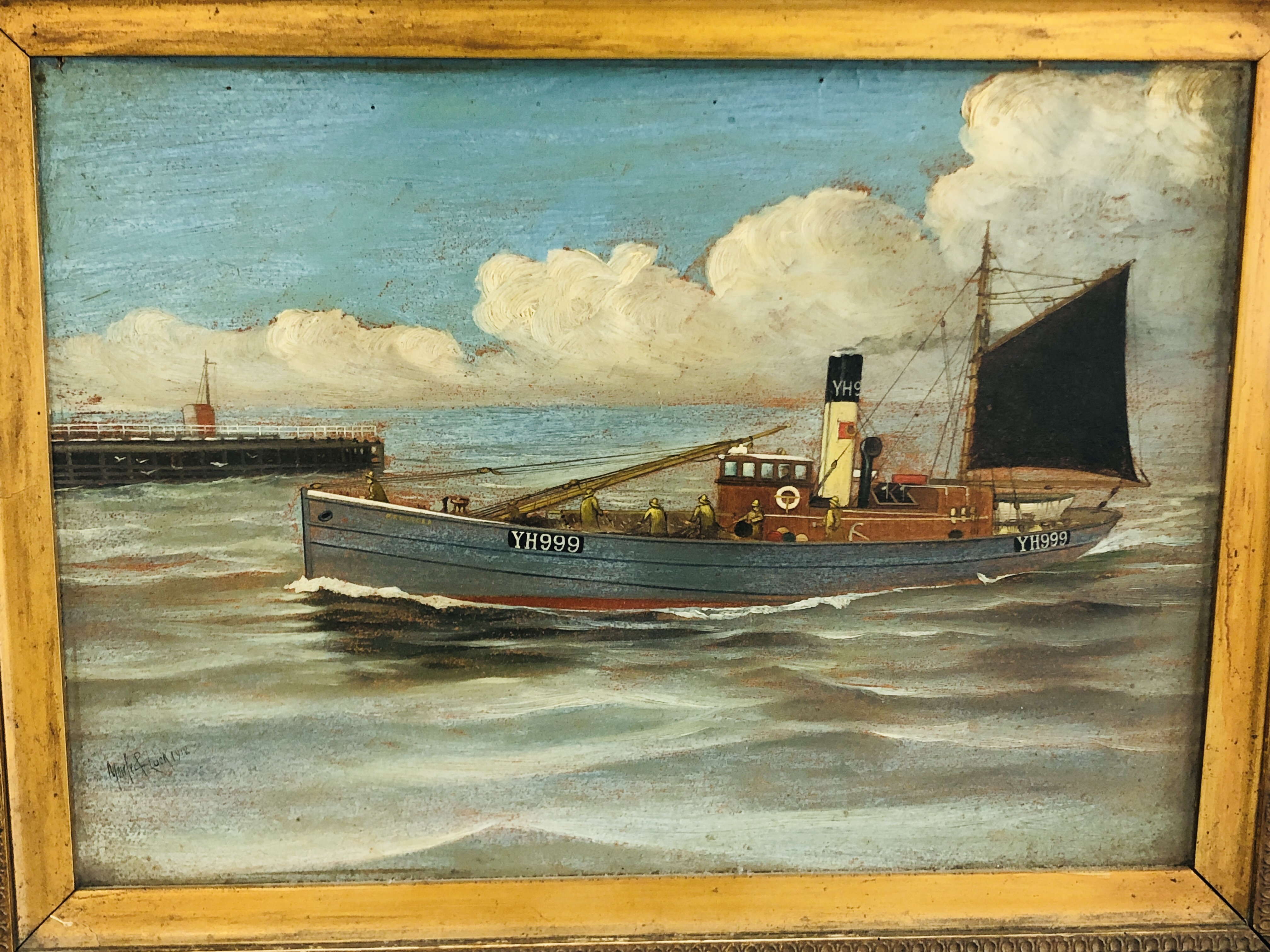 OIL ON BOARD YARMOUTH FISHING TRAWLER "PROVIDER" RETURNING TO HARBOUR BEARING SIGNATURE MOWLE & - Image 2 of 9