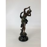 A VINTAGE SPELTER STUDY ON A CIRCULAR TURNED PEDESTAL BASE, BEARING SIGNATURE, H 36CM (A/F FINGERS).