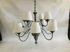 A GREY PAINTED SHABBY CHIC STYLE CEILING LIGHT HAVING 12 INDIVIDUAL BRANCHES WITH WHITE SHADES -