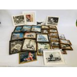 BOX CONTAINING COLLECTION OF FRAMED MOTORCYCLING AND ADVERTISING PRINTS TOTAL 22 + 4 LOOSE.