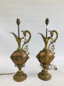 A PAIR OF VINTAGE STYLE BRASS AND COPPER EWER LAMP CONVERSIONS IN THE VENETIAN STYLE,