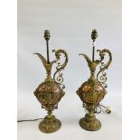 A PAIR OF VINTAGE STYLE BRASS AND COPPER EWER LAMP CONVERSIONS IN THE VENETIAN STYLE,