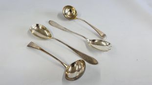 2 GEORGE III SILVER SAUCE LADLES, ALONG WITH A PAIR OF SALAD SERVERS,