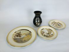 3 CHOKIN JAPANESE DECORATIVE PLATES 2 23CM DIAMETER AND 1 DECORATED WITH TIGER SCENE 31CM ALONG