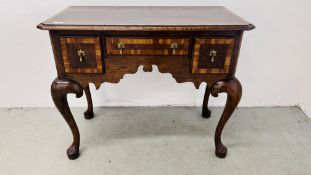 A REPRODUCTION OAK AND YEW CROSS BANDED LOWBOY ON CABRIOLE LEGS, W 91CM.