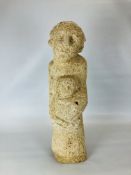 A MODERN CARVED LIMESTONE FIGURE OF MOTHER AND CHILD, H 74CM.