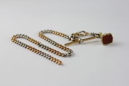 A VINTAGE TWO TONE WATCH CHAIN THE T-BAR AND SPRING CLASP MARKED 18CT GOLD ALONG WITH A VINTAGE