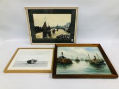A FRAMED OIL ON BOARD "FISHING BOATS ON HARBOUR" BEARING SIGNATURE ALONG WITH A WATERCOLOUR HARBOUR