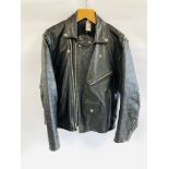 NLC BLACK LEATHER MOTORCYCLE JACKET SIZE L ALONG WITH A PAIR OF "CITY OF LEATHER" 34 INCH WAIST