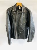 NLC BLACK LEATHER MOTORCYCLE JACKET SIZE L ALONG WITH A PAIR OF "CITY OF LEATHER" 34 INCH WAIST
