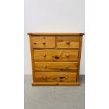 A GOOD QUALITY WAXED PINE TWO OVER THREE DRAWER CHEST, W 90CM X D 42CM X H 97CM.