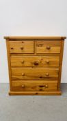 A GOOD QUALITY WAXED PINE TWO OVER THREE DRAWER CHEST, W 90CM X D 42CM X H 97CM.