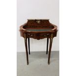 A REPRODUCTION MAHOGANY BONHEU DE JOUR WITH INSET LEATHER TOP IN LATE C18th FRENCH STYLE,