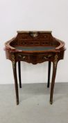 A REPRODUCTION MAHOGANY BONHEU DE JOUR WITH INSET LEATHER TOP IN LATE C18th FRENCH STYLE,