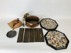 A GROUP OF COLLECTIBLES TO INCLUDE TWO MOSAIC PANELS, TWO HANDLED COPPER PAN,