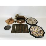 A GROUP OF COLLECTIBLES TO INCLUDE TWO MOSAIC PANELS, TWO HANDLED COPPER PAN,