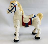 A VINTAGE TIN CHILD'S WHEELED HORSE, L 68CM X H 30CM.