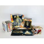 COLLECTION OF FILM MEMORABILIA TO INCLUDE DR WHO FIGURES, LOST IN SPACE VIDEOS, BEANO MUG,