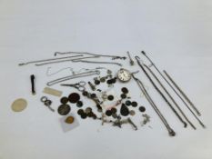 BOX OF VINTAGE JEWELLERY AND COINAGE TO INCLUDE SILVER EXAMPLES,