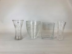 FOUR GLASS VASES TO INCLUDE SQUARE ISA VASE H 22CM ALONG WITH OVOID ART GLASS VASE BEARING MAKERS