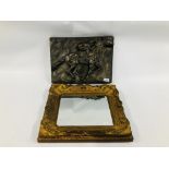 A PLASTER PLAQUE OF A JOCKEY ON RACE COURSE L 44CM X H 31CM A/F ALONG WITH VINTAGE STYLE GILT