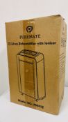 PUREMATE 12 LITRE DEHUMIDIFIER WITH IONISER MODEL NO. PM412. - SOLD AS SEEN.