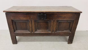 A C17th OAK THREE PANEL COFFER, WITH LATER HINGES, W 107CM X D 39CM X H 59CM.